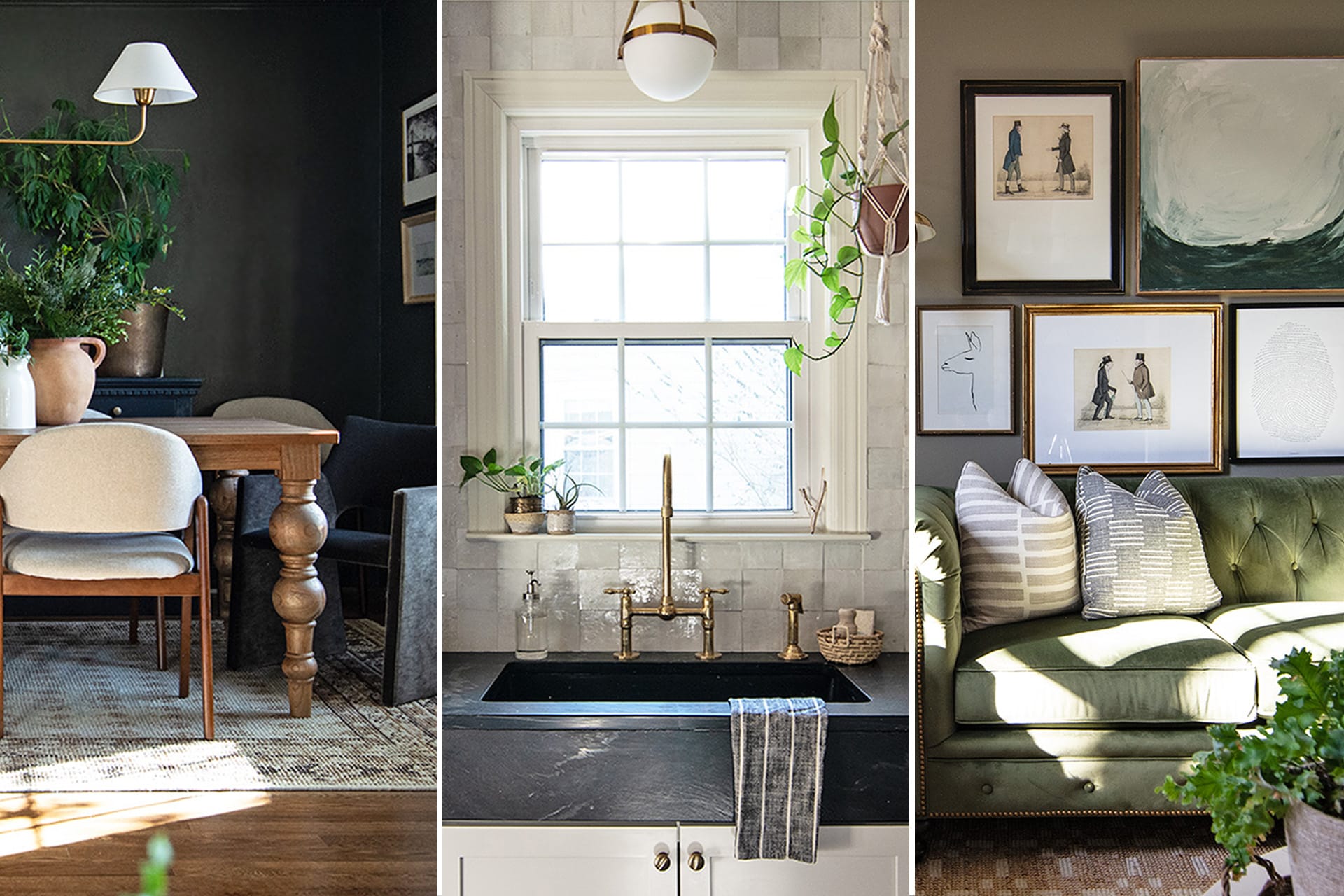 Luxury home interior collage showcasing a dining room with a wood table and modern chairs, a kitchen sink with brass fixtures framed by a window, and a living room with a green velvet sofa and curated gallery wall.